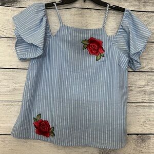 Blue Rain Flower sexy shoulder top